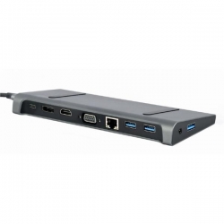 GEMBIRD MULTI ADAPTER USB TYP-C 9W1 (HUB3.0 + HDMI + DISPLAYPORT + VGA + PD + LAN + DŹWIĘK STEREO), SZARY-455924