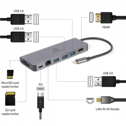 GEMBIRD MULTI ADAPTER USB TYP-C 5W1 HUB, HDMI, CZYTNIK KART, LAN, PD - 100W)-538892